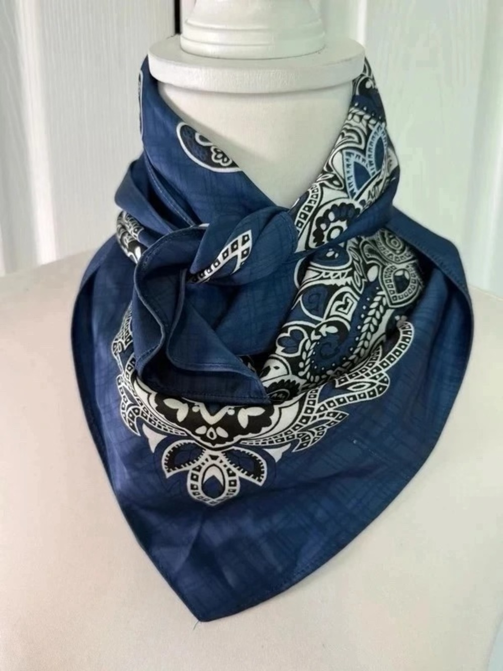 Navy Blue Silk Paisley Bandana White Light Blue Geometric Border Boho Y2K